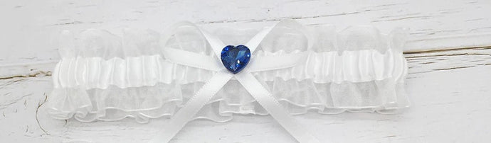 BBG11A White organza bridal garter with blue heart.