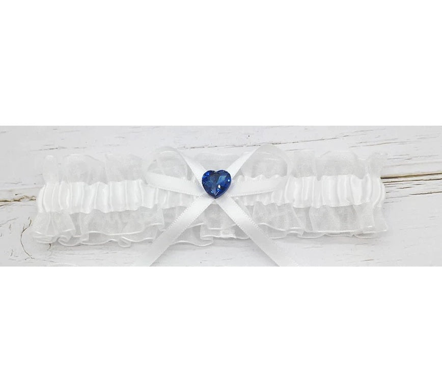 BBG11A White organza bridal garter with blue heart
