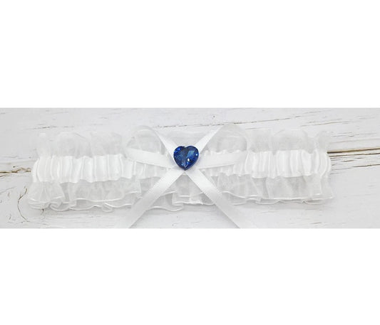 BBG11A White organza bridal garter with blue heart