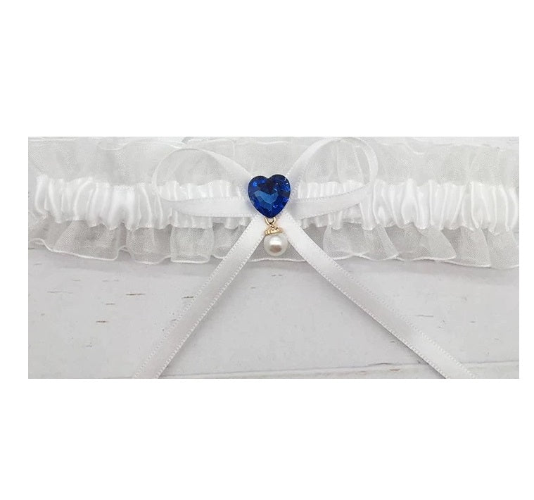 BBG11 White organza bridal garter with blue heart and pearl detail.