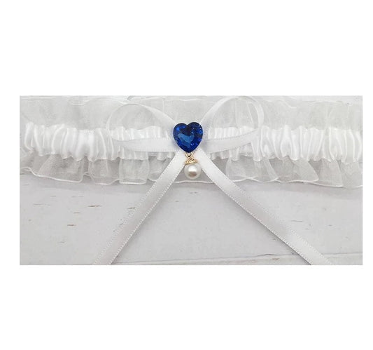 BBG11 White organza bridal garter with blue heart and pearl detail.