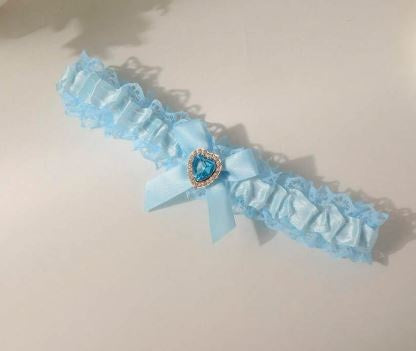 BBG18 Blue lace garter with blue satin ribbon and heart