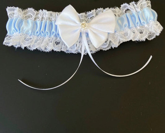 BBG24 White lace with blue satin ribbon. White satin bow