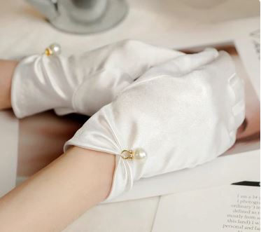 BBGV10 Ivory satin gloves with pearl detail.