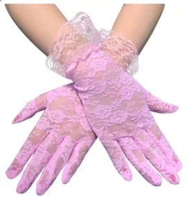 BBGV25. Pink delicate lace wrist length gloves.