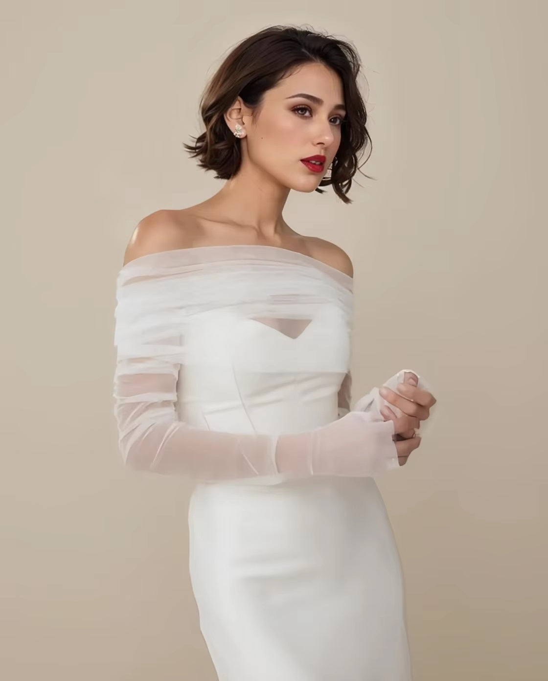 BBGV81B off white soft tulle off shoulder bolero.