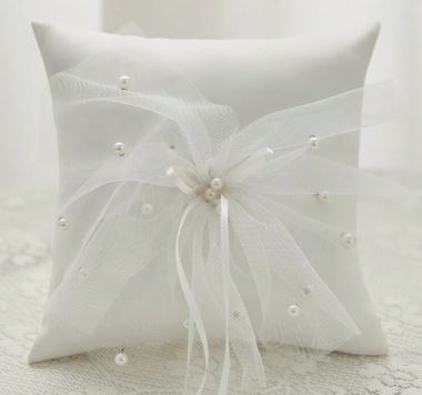 BBRP10  Cream Satin with tulle and pearl detail Wedding Ring Pillow/ carrier 15 x 15