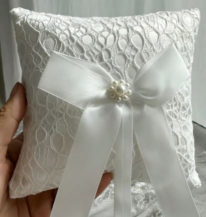 BBRP13  Cream satin and lace. Large satin ribbon. Wedding Ring Pillow/ carrier 15 x 15