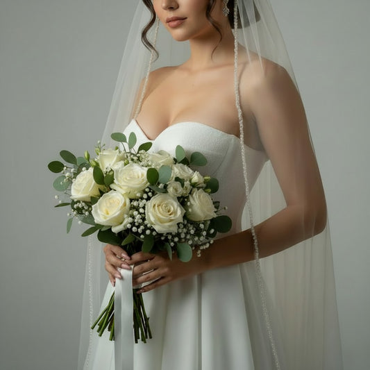 BBV101 single layer pearl beaded edge fingertip veil.