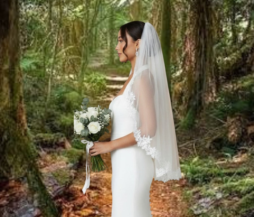 BBV98 single layer lace edge with pearl detail veil.