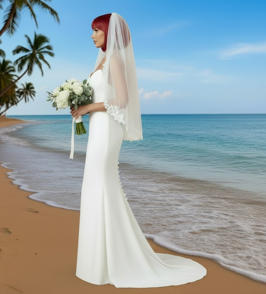 BBV98 single layer lace edge with pearl detail. Fingertip veil.
