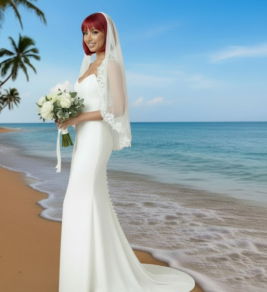 BBV98 single layer lace edge with pearl detail. Fingertip veil.