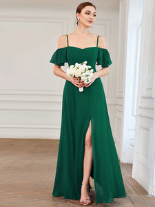 BM2050 Emerald Green. Chiffon, off shoulder. Split. Available to order. $179