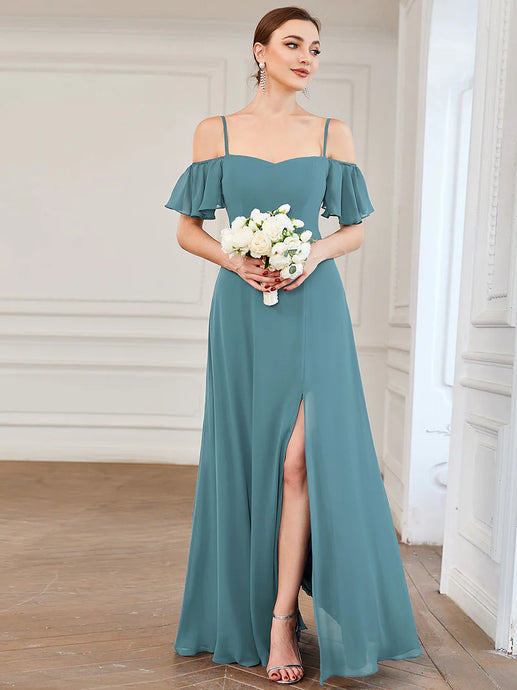 BM2050 Dusty Blue. Chiffon, off shoulder. Split. Available to order. $179