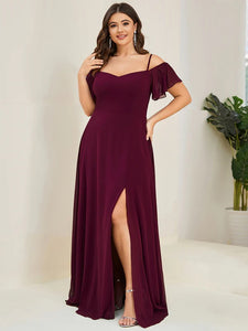 BM2050MB Mulberry. Chiffon. Maxi length. Off shoulder and split. Size 30