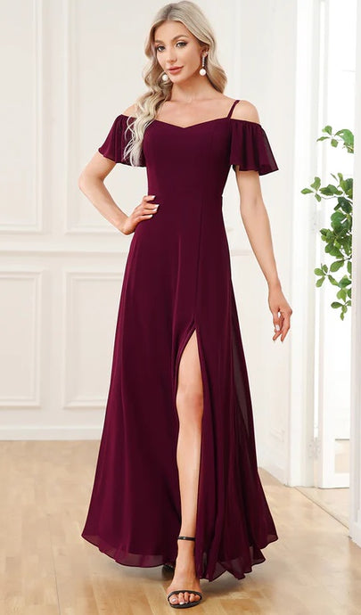 BM2050 Mulberry. Chiffon, off shoulder. Split. Available to order. $179.