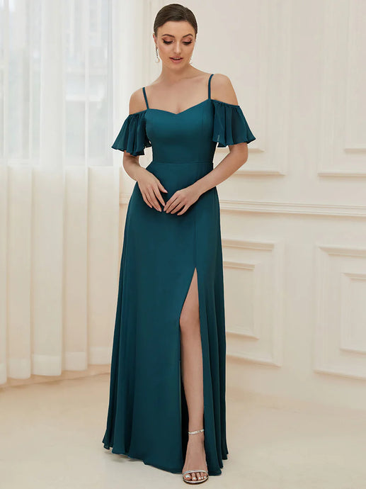 BM2050 Teal. Chiffon, off shoulder and split. Available to order. $179.