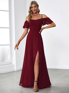 BM2050 Burgundy. Chiffon, off shoulder and split. Available to order. $179.