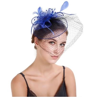 FAC1002B Classic, blue fascinator with birdcage net and feathers.