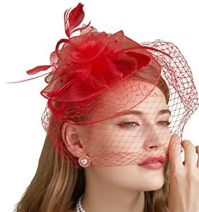 FAC1002R Classic, red fascinator with birdcage net and feathers.