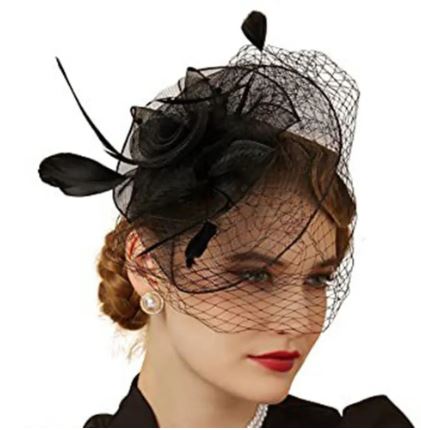 FAC1002 Classic, black fascinator with birdcage net and feather detail.