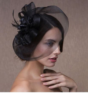 FAC1003  Classic, black fascinator with central feathers and mesh.