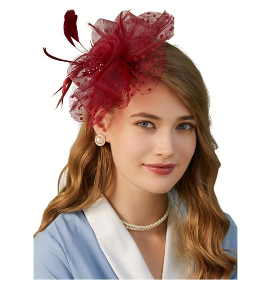 FAC1004BG Classic, burundy fascinator with central flower, feathers and net