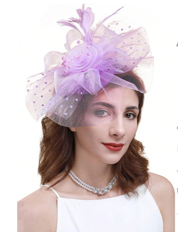 FAC1004LV Classic, lavender fascinator with central flower, feathers and net