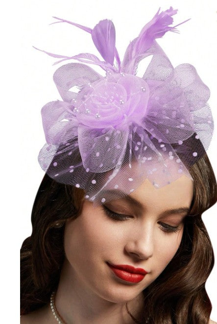 FAC1004LV Classic, lavender fascinator with central flower, feathers and net