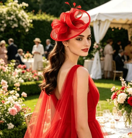FAC10120R Classic, red tulle fascinator with feathers