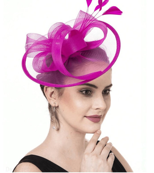 FAC10122HP Classic, hot pink tulle fascinator with feathers