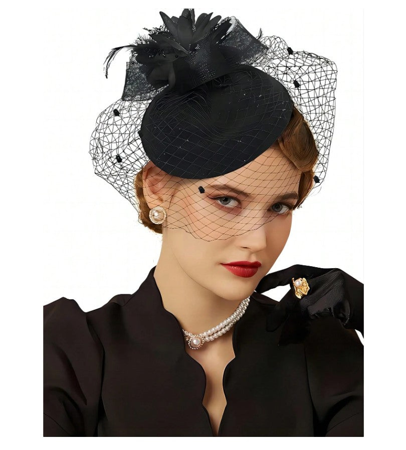 FAC1018B Classic, black fascinator with feathers and net