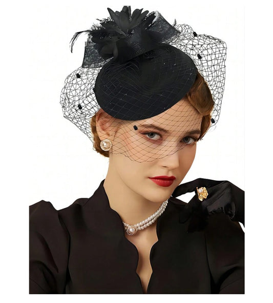 FAC1018B Classic, black fascinator with feathers and net