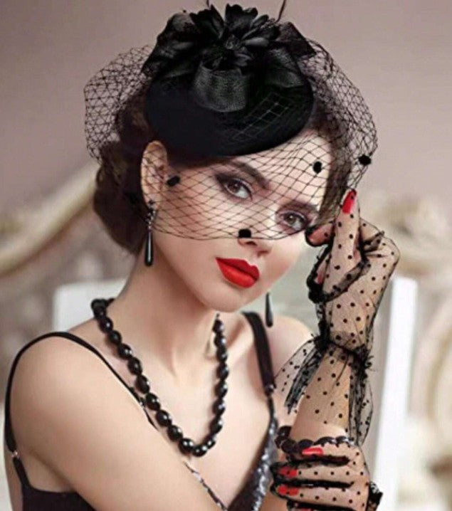 FAC1018B Classic, black fascinator with feathers and net