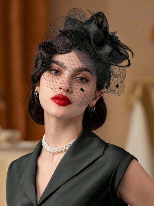 FAC950B Classic, black fascinator with central flower, feathers and net