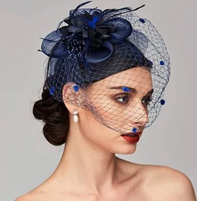 FAC1005N Classic, navy fascinator with birdcage net, flower and feather detail.