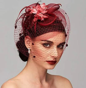 FAC1005WR Classic, wine fascinator with birdcage net, flower and feathers