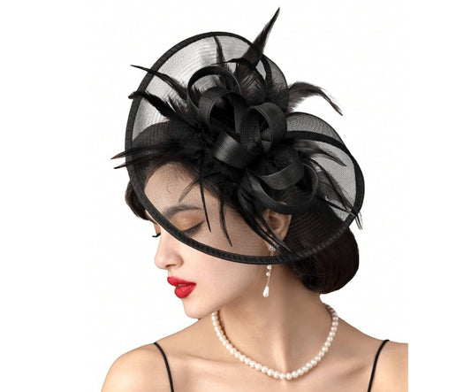 FAC1007B Classic, black fascinator with central flower and feathers.