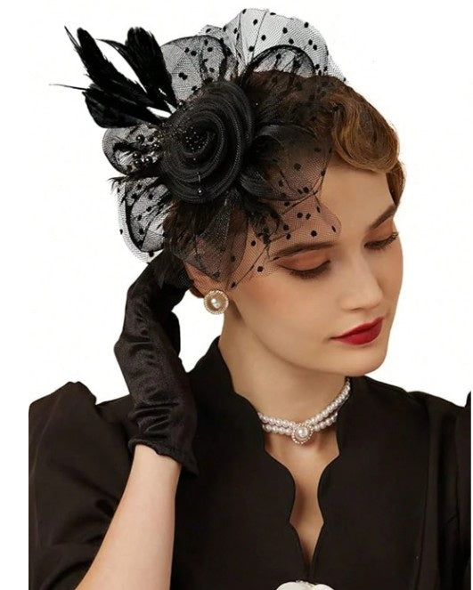 FAC1008B Classic, black fascinator with central flower, feathers and net