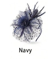 FAC1008N Classic, navy fascinator with central flower, feathers and net
