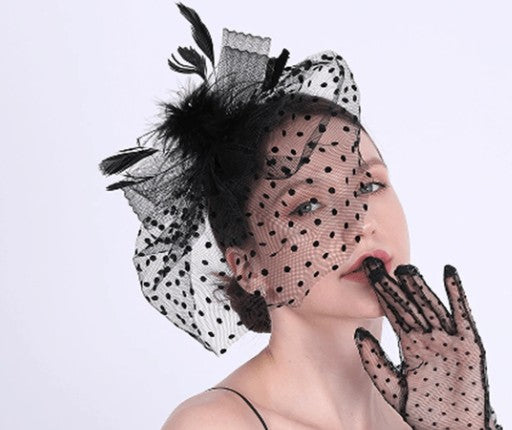 FAC1015B Classic, black fascinator with feathers and net