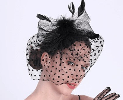 FAC1015B Classic, black fascinator with feathers and net
