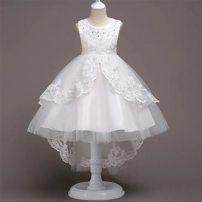 G20275W. White high-low tulle and lace princess. Girls party dress. Age 6.