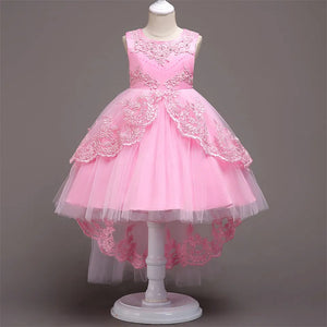 G20275. Pink high-low tulle and lace princess. Girls party dress. Age 8.