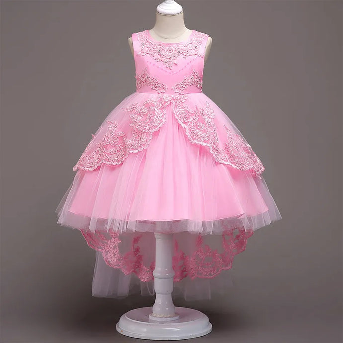 G20275. Pink high-low tulle and lace princess. Girls party dress. Age 8.