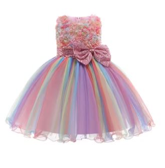 G20303. Pink flower bodice and rainbow tulle skirt