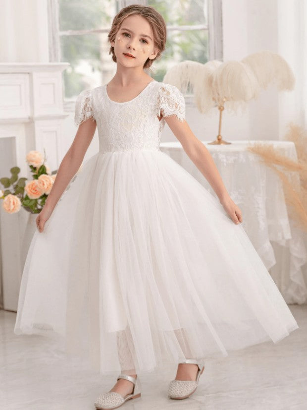 G20330 Off white lace bodice with sleeves and V back. Tulle skirt.