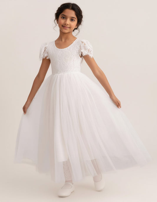 G20330 Off white lace bodice with sleeves and V back. Tulle skirt.