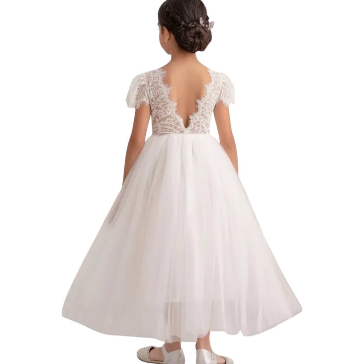 G20330 Off white lace bodice with sleeves and V back. Tulle skirt.