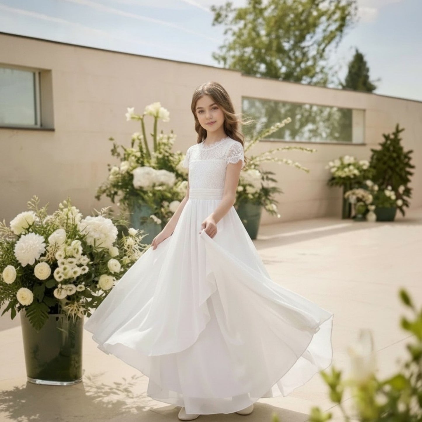 G20342 Off white chiffon communion or party dress.